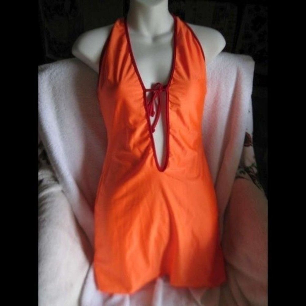 SLD Collection S Stretchy Neon Orange Sexy Dancer Dress Red Accents Tie Front
